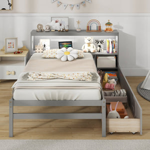 Twin Size Bed Frame with LED Light and Bookcase Headboard-Gray view 3