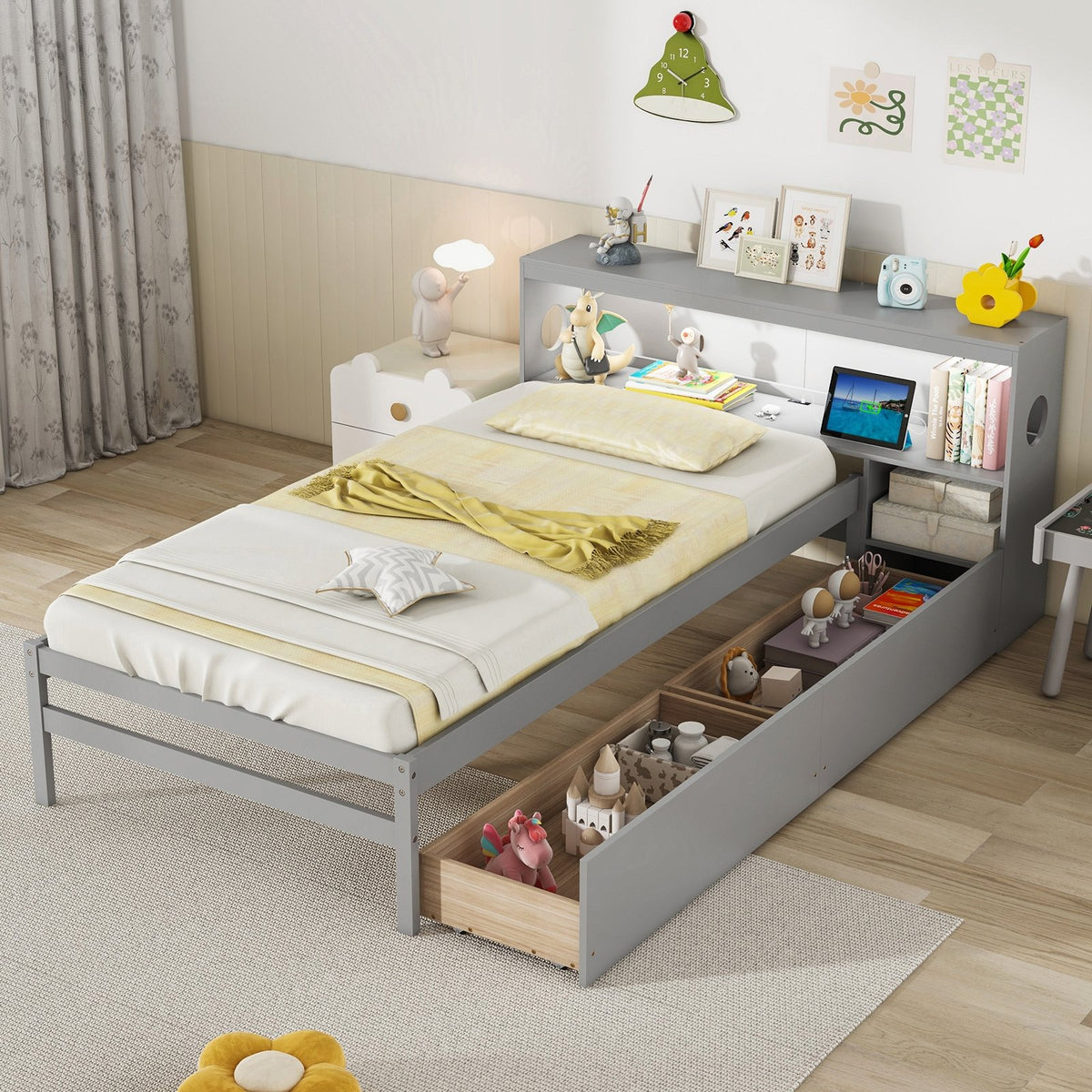 Twin Size Bed Frame with LED Light and Bookcase Headboard-Gray view 5