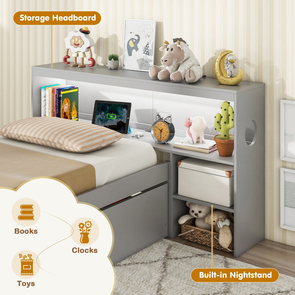 Twin Size Bed Frame with LED Light and Bookcase Headboard-Gray view 6