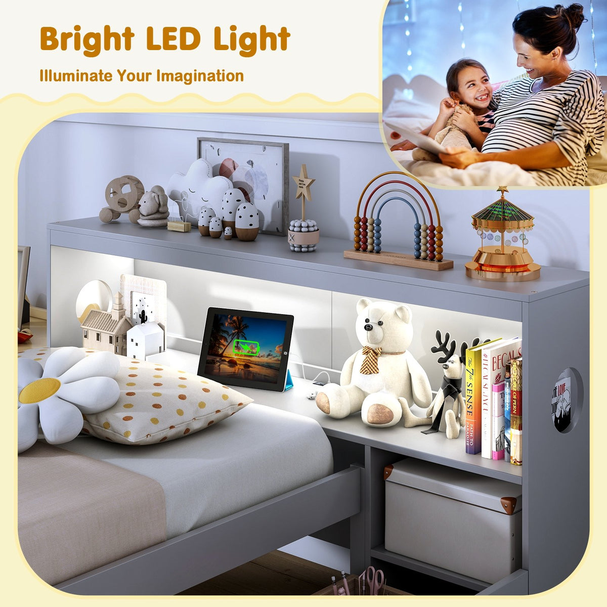 Twin Size Bed Frame with LED Light and Bookcase Headboard-Gray view 7