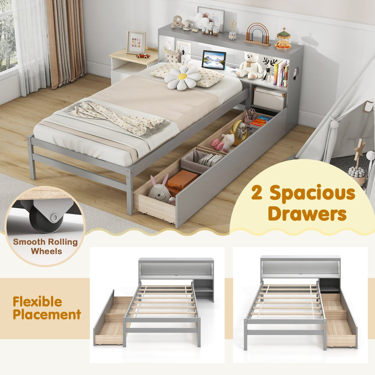 Twin Size Bed Frame with LED Light and Bookcase Headboard-Gray view 8