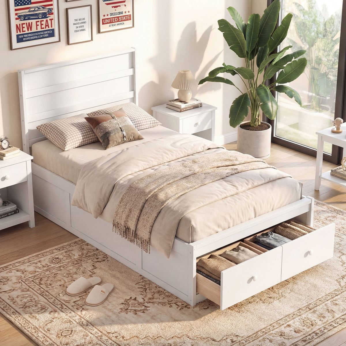 Twin Size Bed Frame with Storage Drawers and Headboard-White view 2