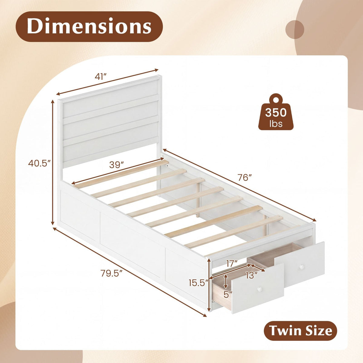 Twin Size Bed Frame with Storage Drawers and Headboard-White view 4