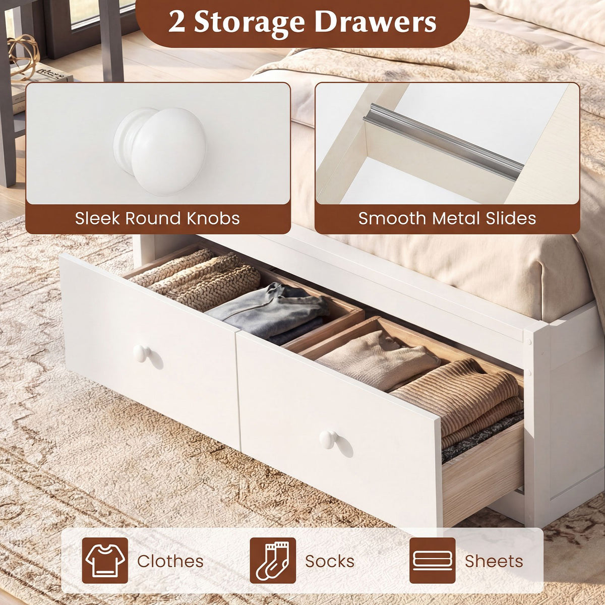 Twin Size Bed Frame with Storage Drawers and Headboard-White view 5