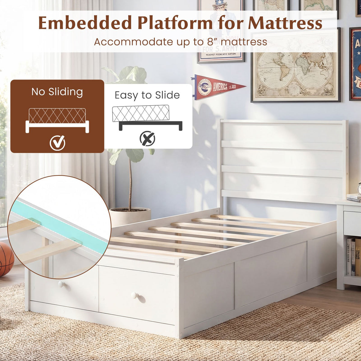 Twin Size Bed Frame with Storage Drawers and Headboard-White view 7
