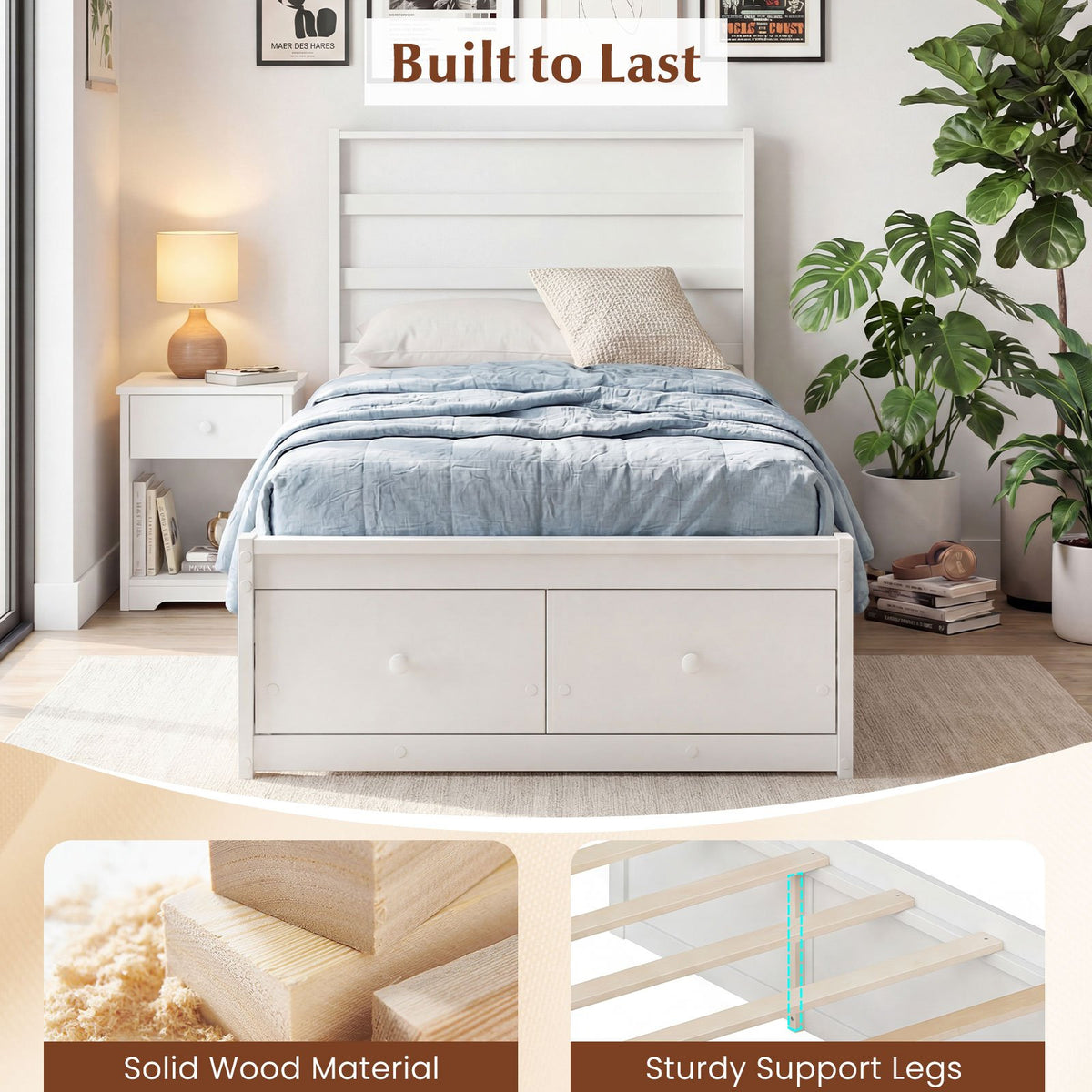 Twin Size Bed Frame with Storage Drawers and Headboard-White view 8