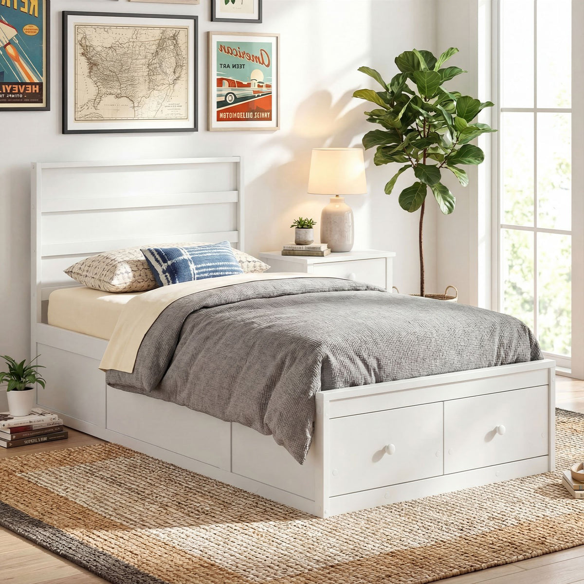 Twin Size Bed Frame with Storage Drawers and Headboard-White view 9