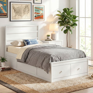 Twin Size Bed Frame with Storage Drawers and Headboard-White view 9
