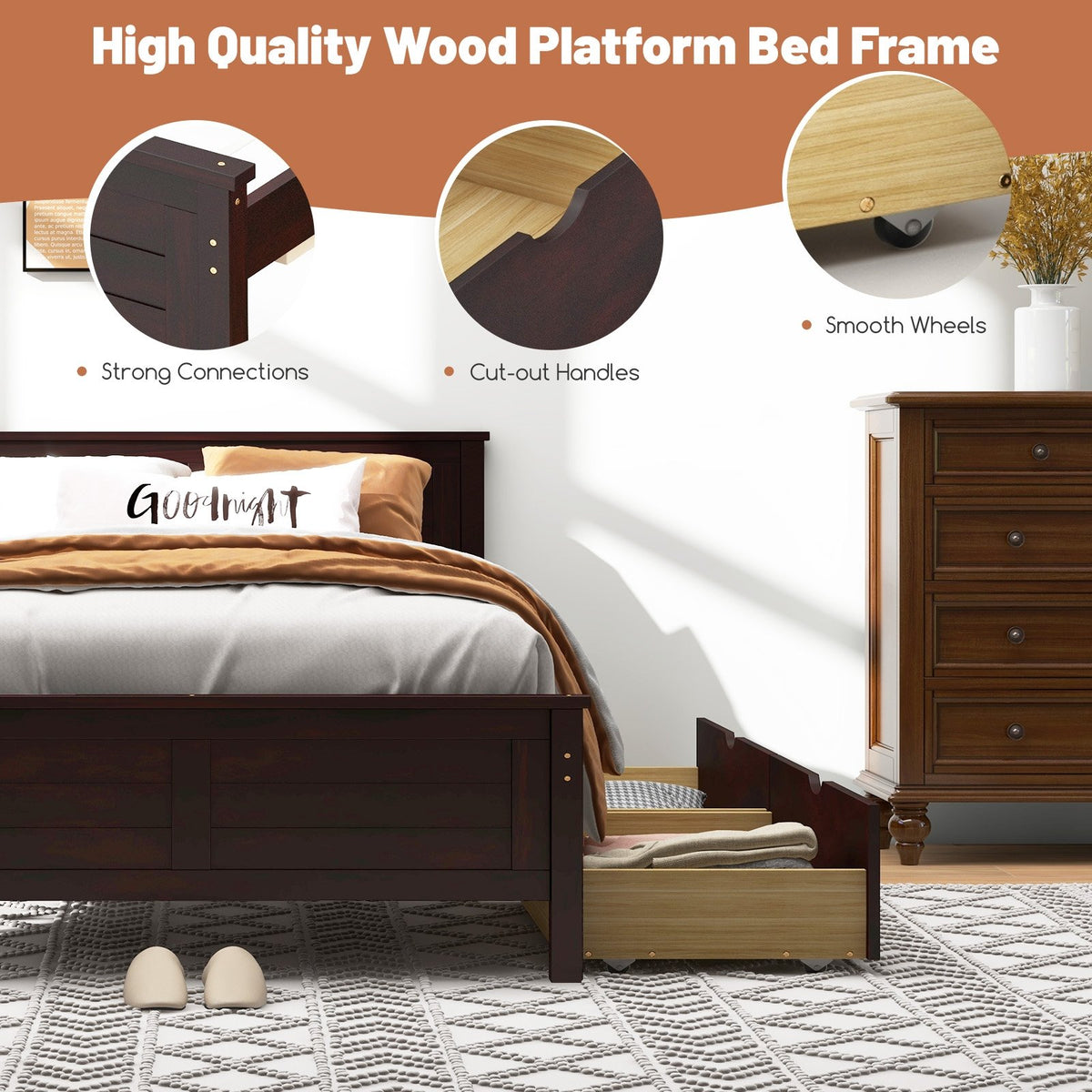 Twin Size Bed Frame with Storage Drawers-Espresso view 8