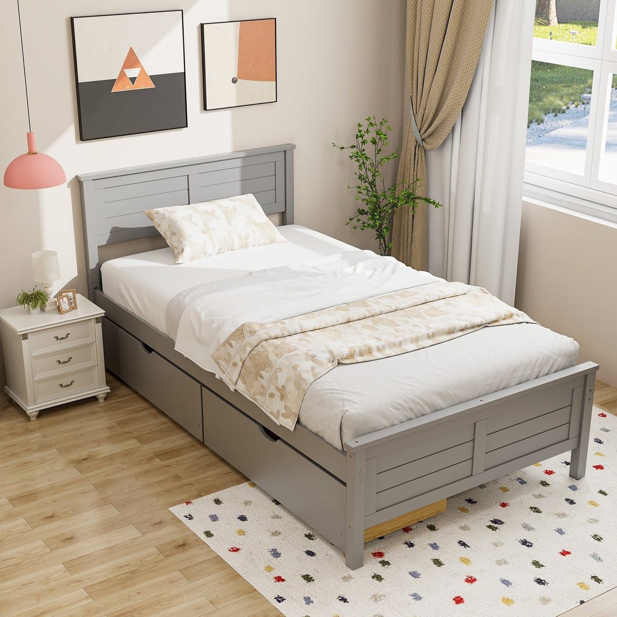 Twin Size Bed Frame with Storage Drawers-Gray view 2