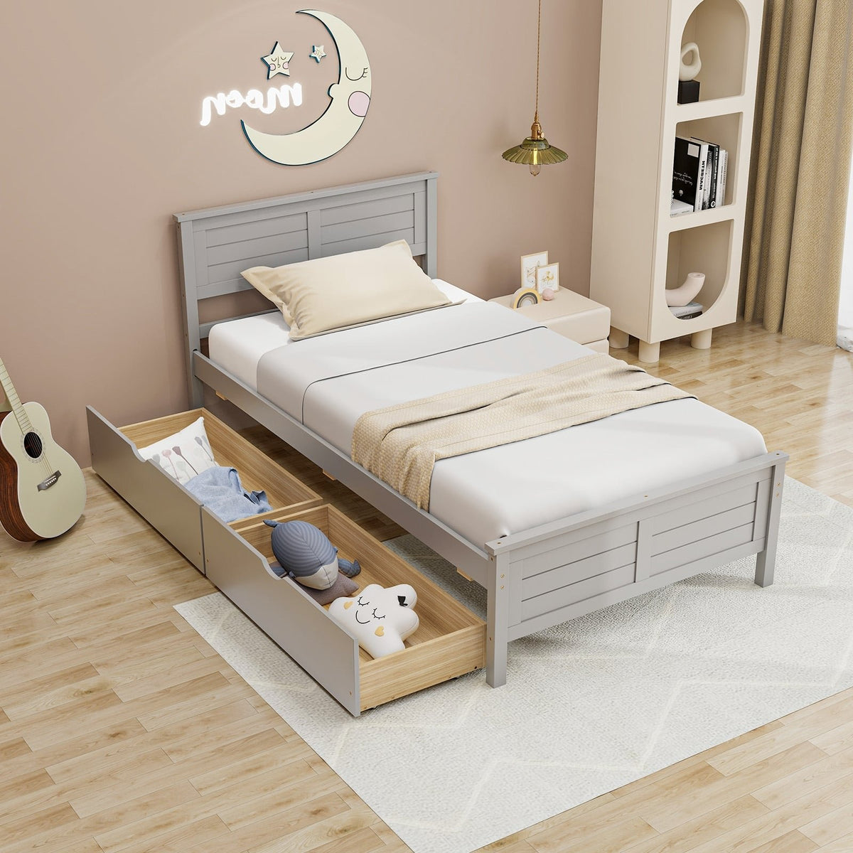 Twin Size Bed Frame with Storage Drawers-Gray view 6
