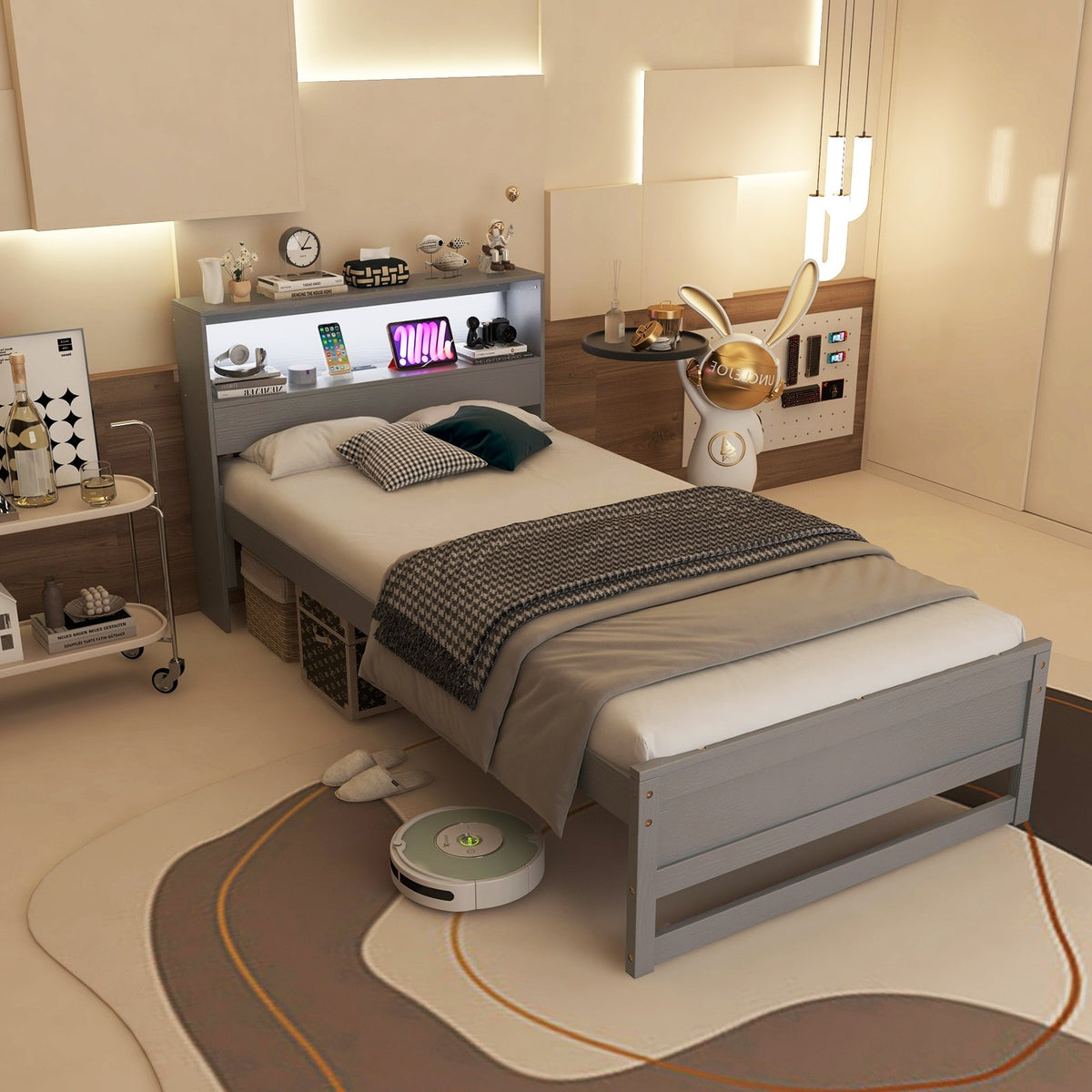 Twin Size Bed Frame with Storage Headboard and Charging Station-Gray view 2