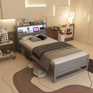 Twin Size Bed Frame with Storage Headboard and Charging Station-Gray view 2