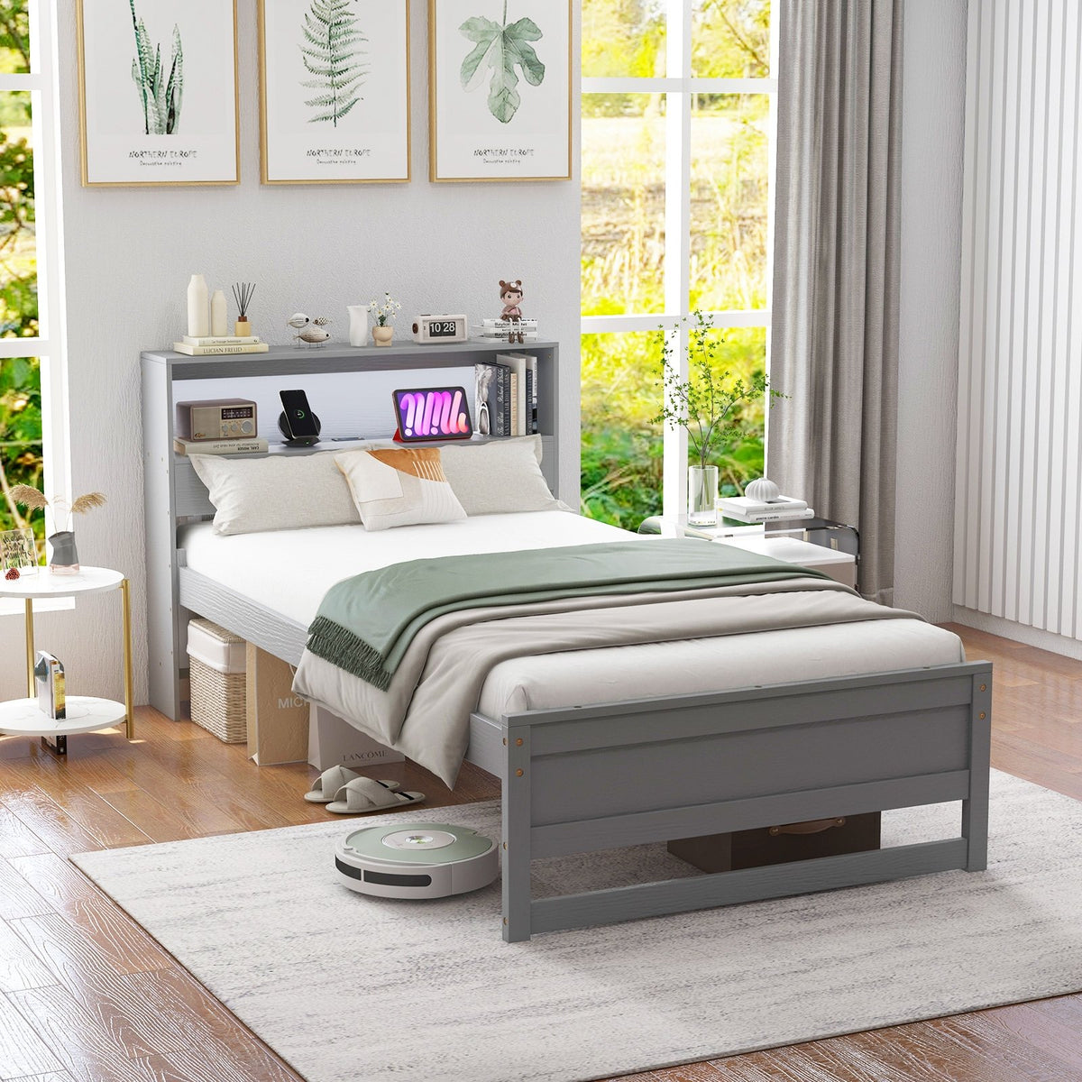 Twin Size Bed Frame with Storage Headboard and Charging Station-Gray view 3
