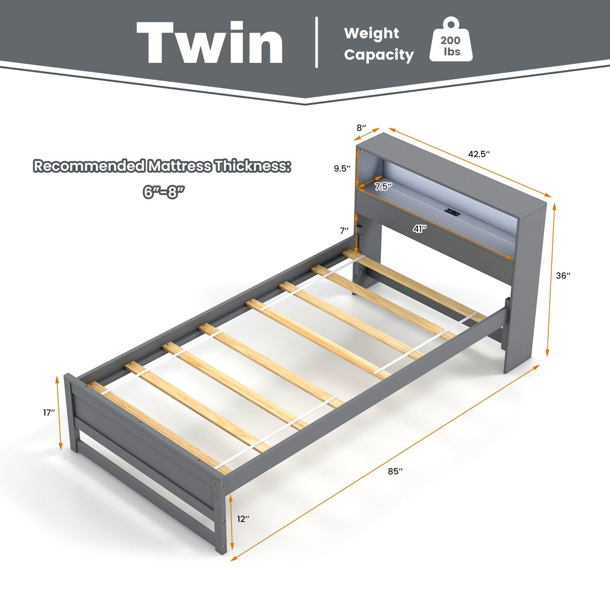Twin Size Bed Frame with Storage Headboard and Charging Station-Gray view 4