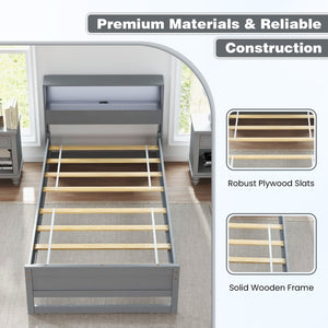 Twin Size Bed Frame with Storage Headboard and Charging Station-Gray view 5