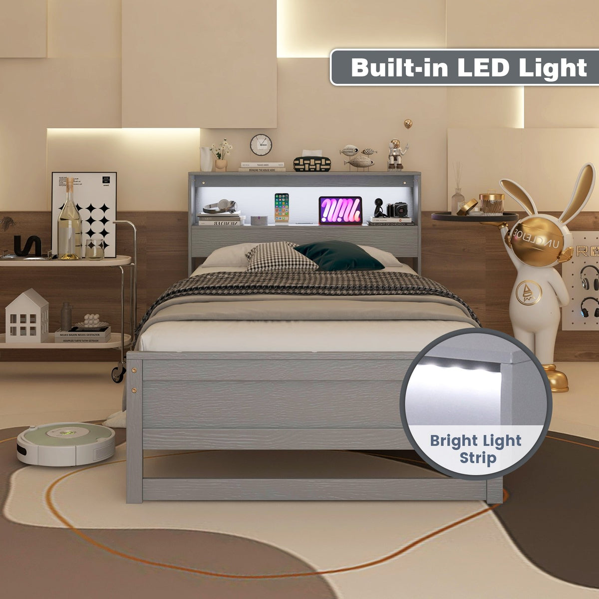 Twin Size Bed Frame with Storage Headboard and Charging Station-Gray view 8