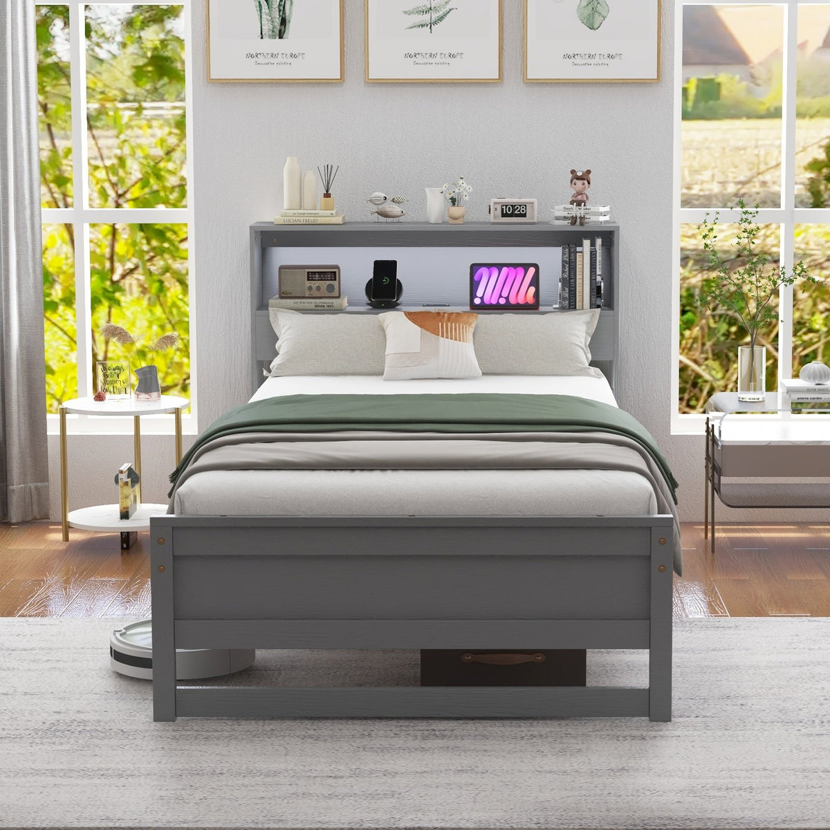 Twin Size Bed Frame with Storage Headboard and Charging Station-Gray view 9