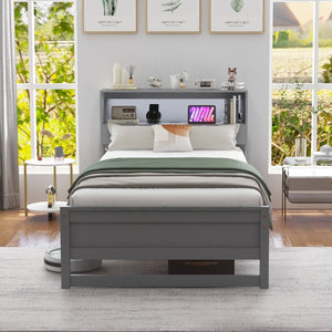 Twin Size Bed Frame with Storage Headboard and Charging Station-Gray view 9
