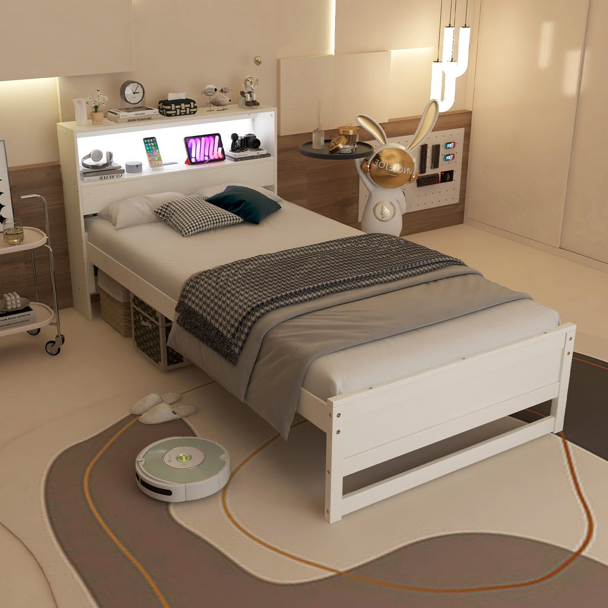 Twin Size Bed Frame with Storage Headboard and Charging Station-White view 3
