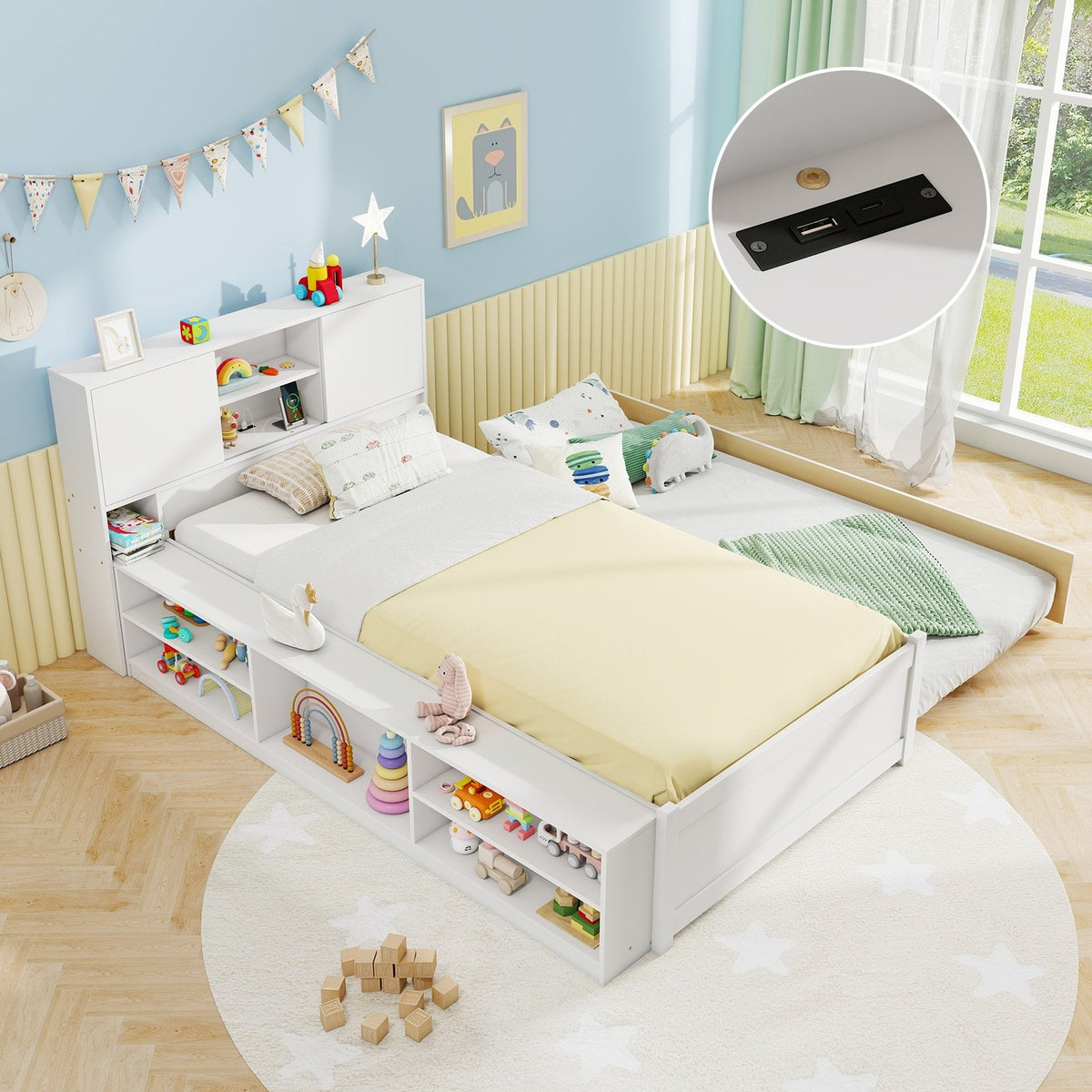 Twin Size Bed Frame with Trundle and Power Outlets-White view 2