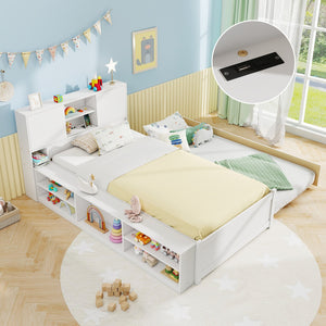 Twin Size Bed Frame with Trundle and Power Outlets-White view 2