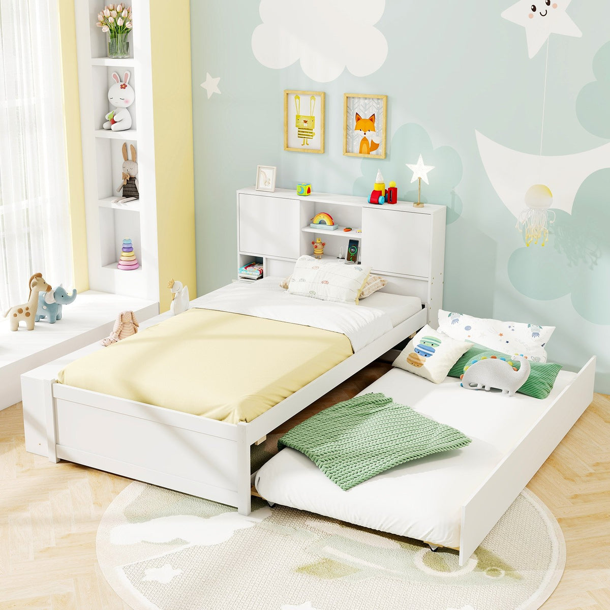 Twin Size Bed Frame with Trundle and Power Outlets-White view 3