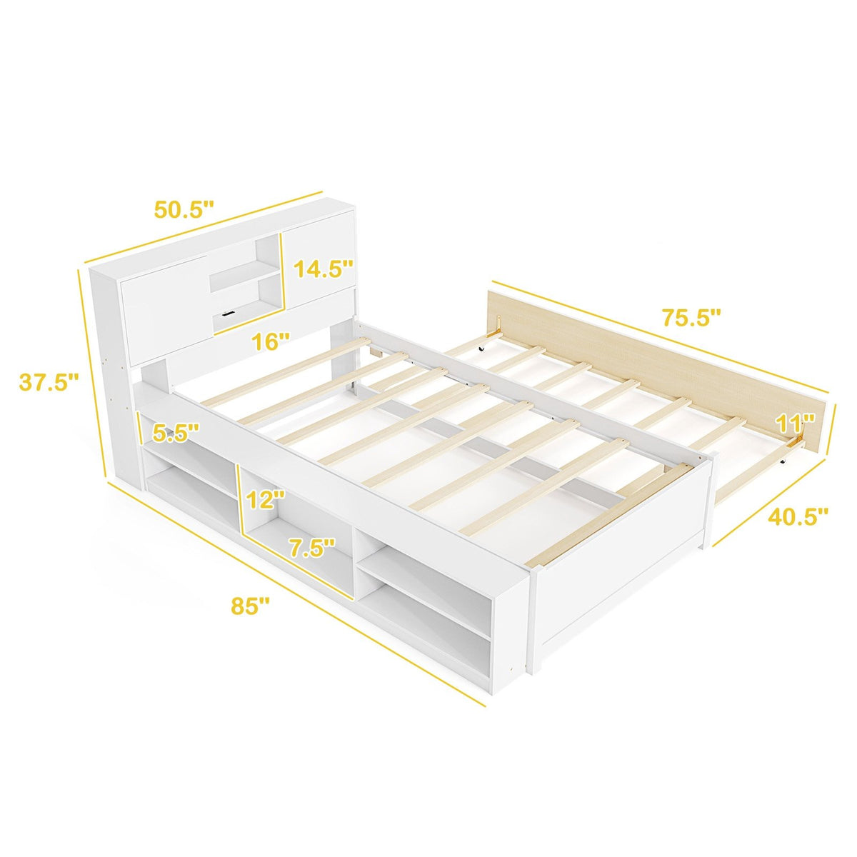Twin Size Bed Frame with Trundle and Power Outlets-White view 4