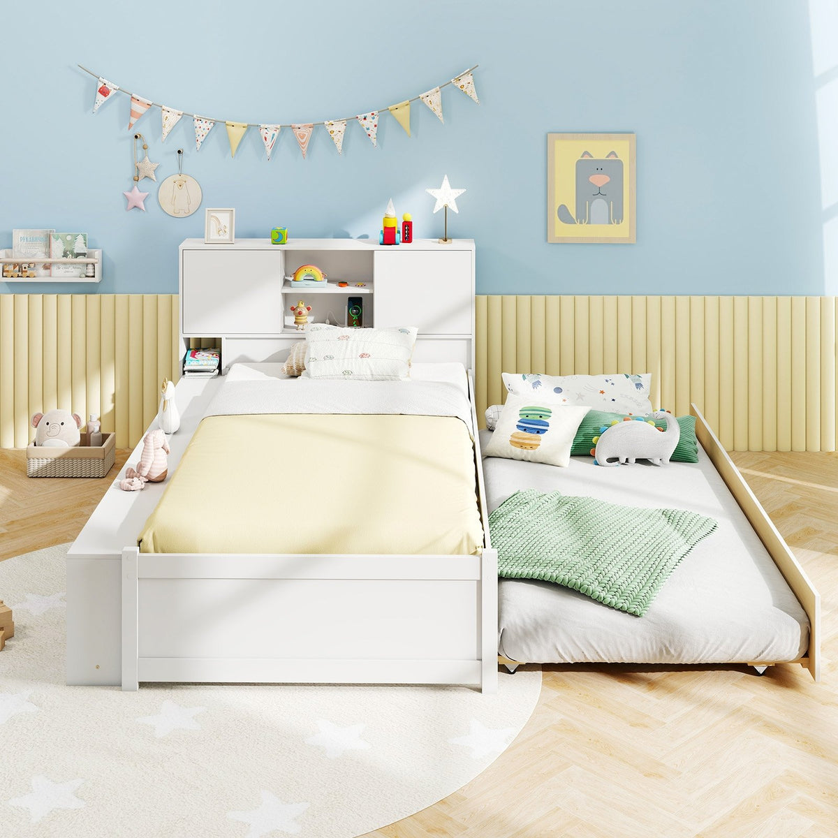 Twin Size Bed Frame with Trundle and Power Outlets-White view 7