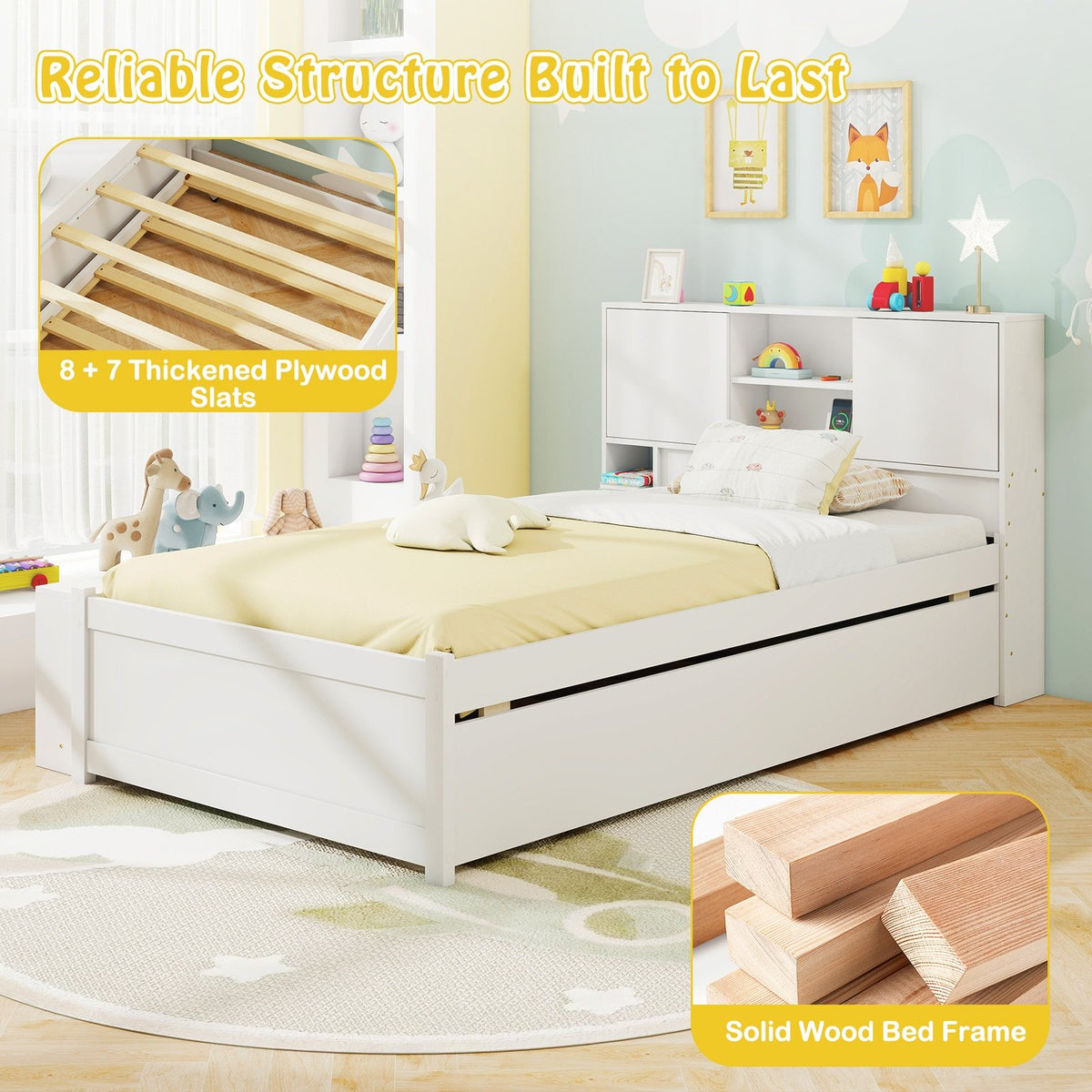 Twin Size Bed Frame with Trundle and Power Outlets-White view 9