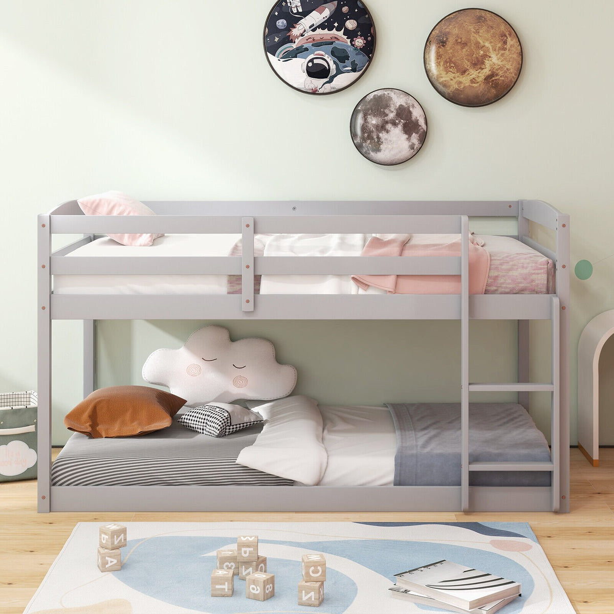 Twin Size Bunk Bed with High Guardrails and Integrated Ladder-Gray view 3
