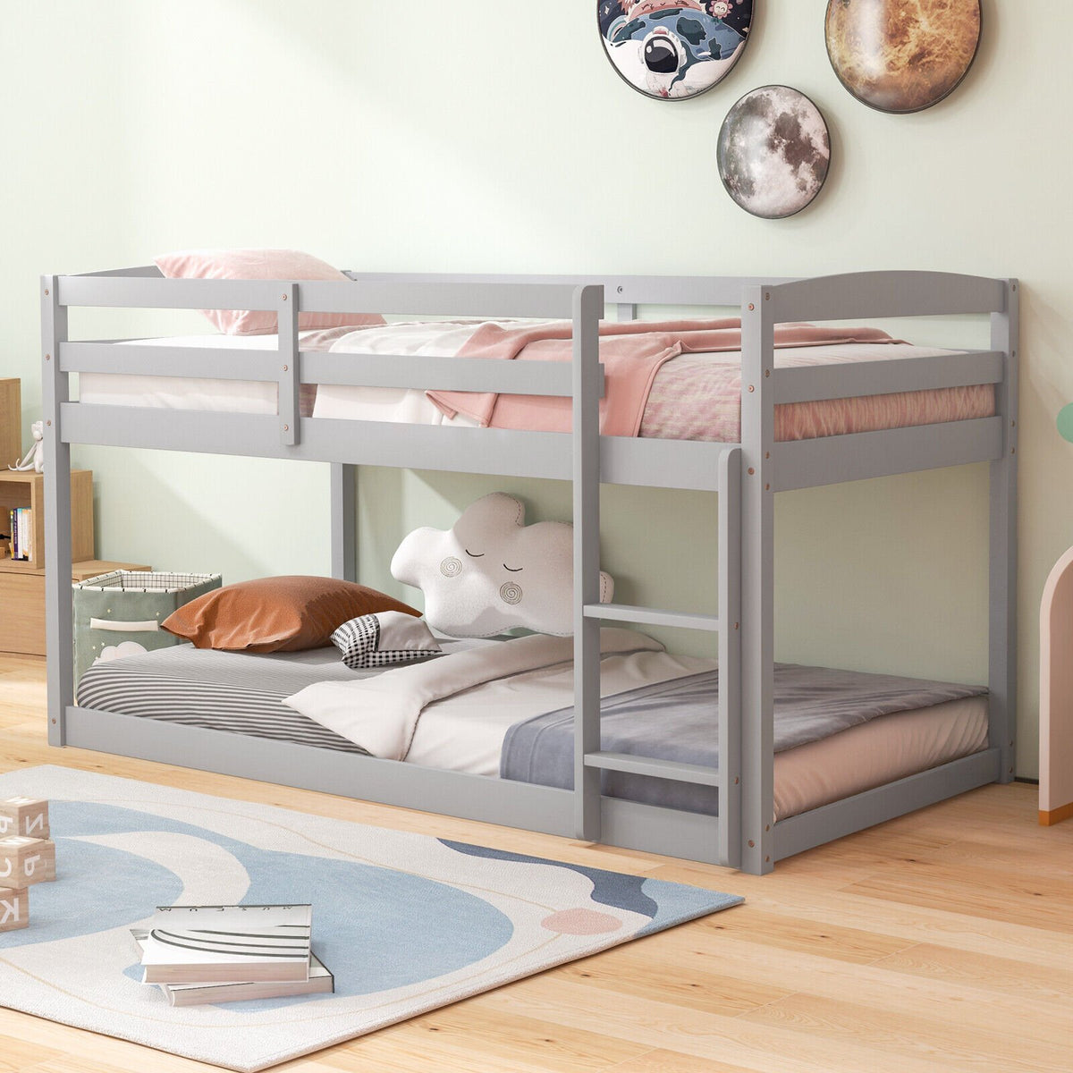 Twin Size Bunk Bed with High Guardrails and Integrated Ladder-Gray view 6