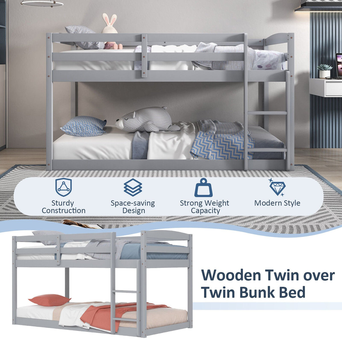 Twin Size Bunk Bed with High Guardrails and Integrated Ladder-Gray view 7