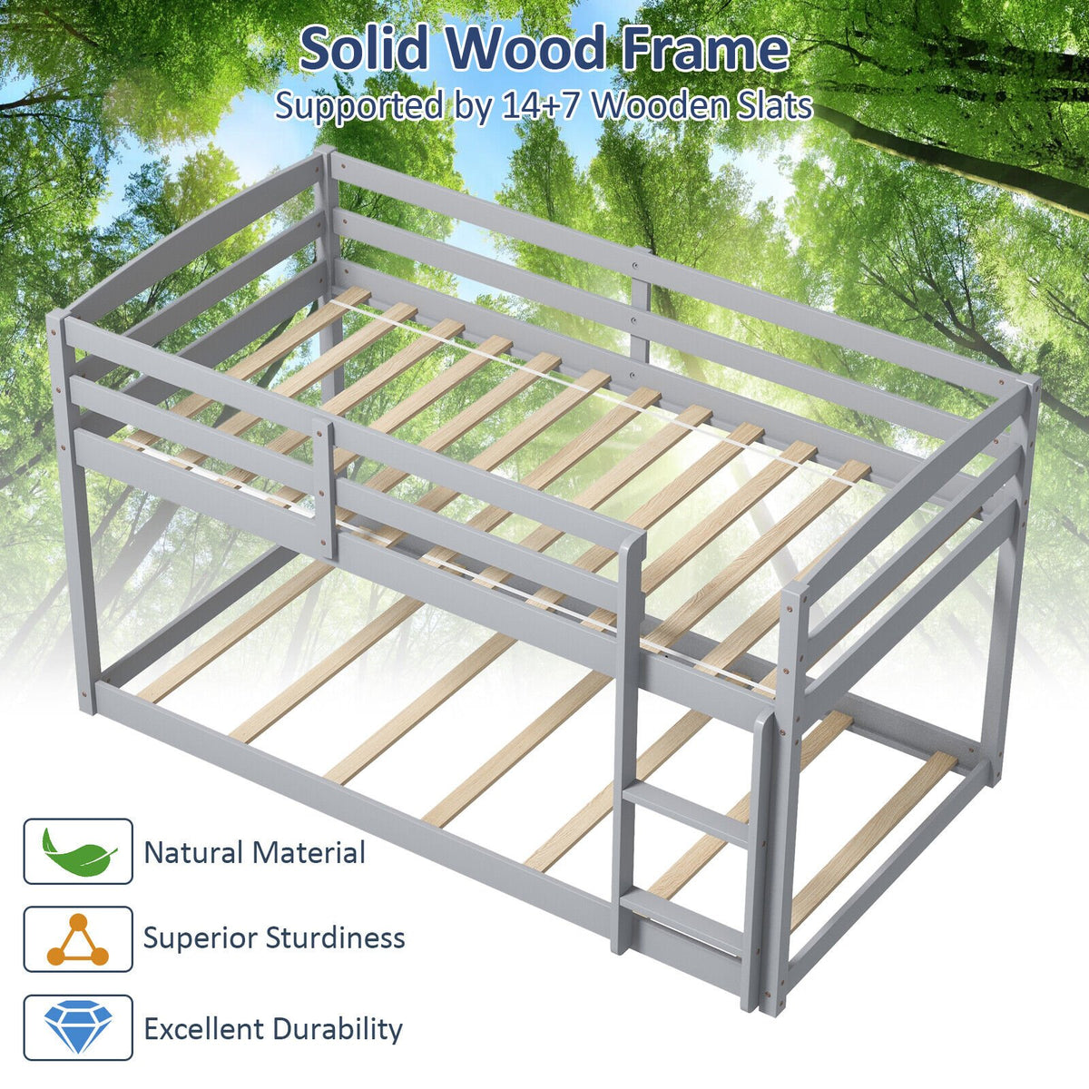 Twin Size Bunk Bed with High Guardrails and Integrated Ladder-Gray view 8