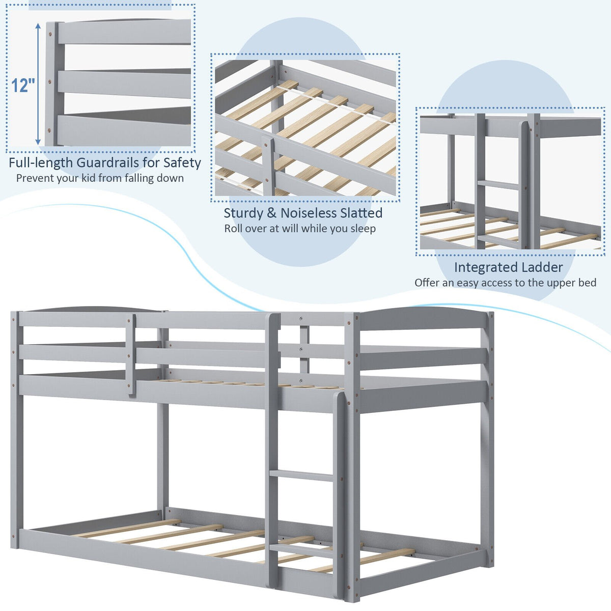 Twin Size Bunk Bed with High Guardrails and Integrated Ladder-Gray view 9