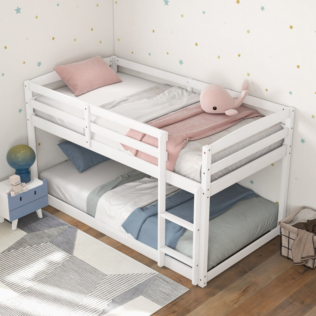 Twin Size Bunk Bed with High Guardrails and Integrated Ladder-White view 2