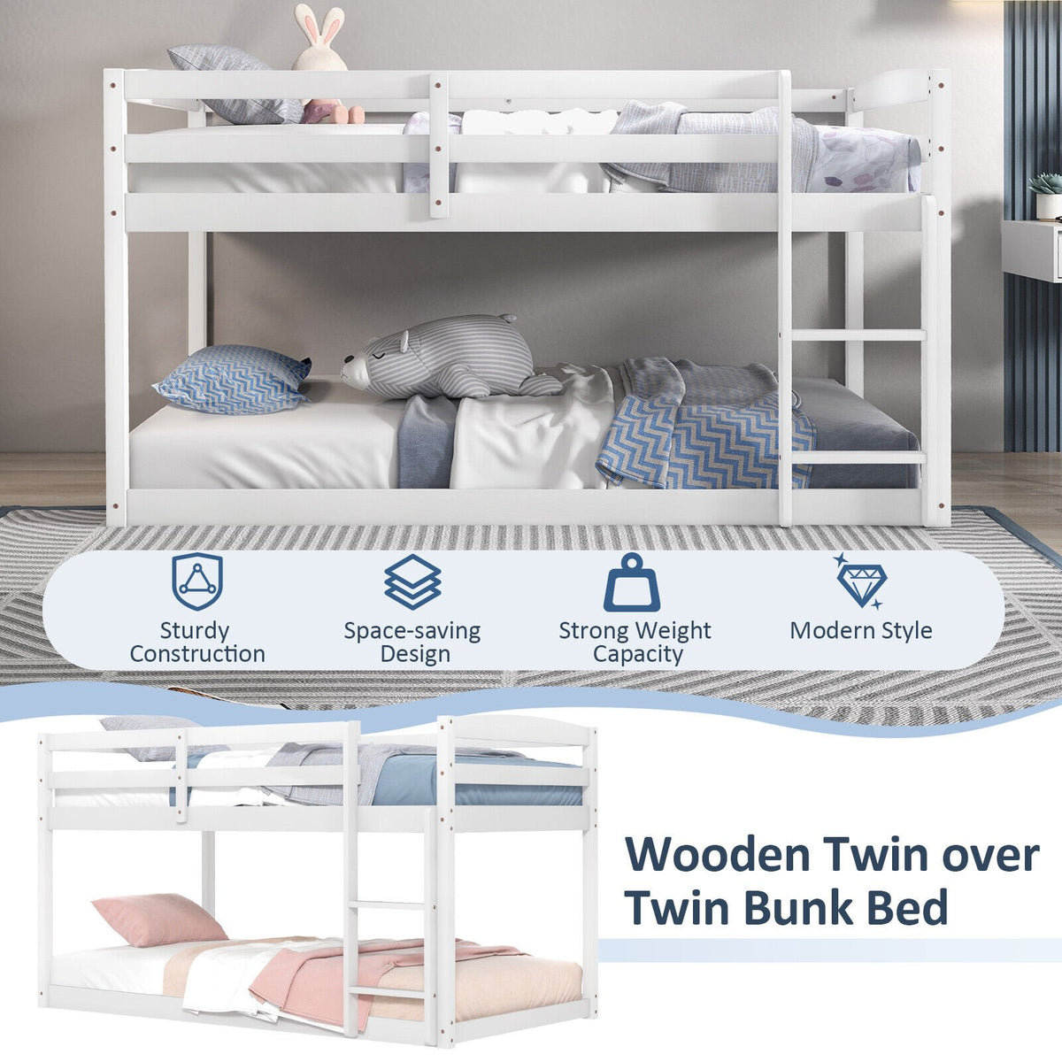 Twin Size Bunk Bed with High Guardrails and Integrated Ladder-White view 7