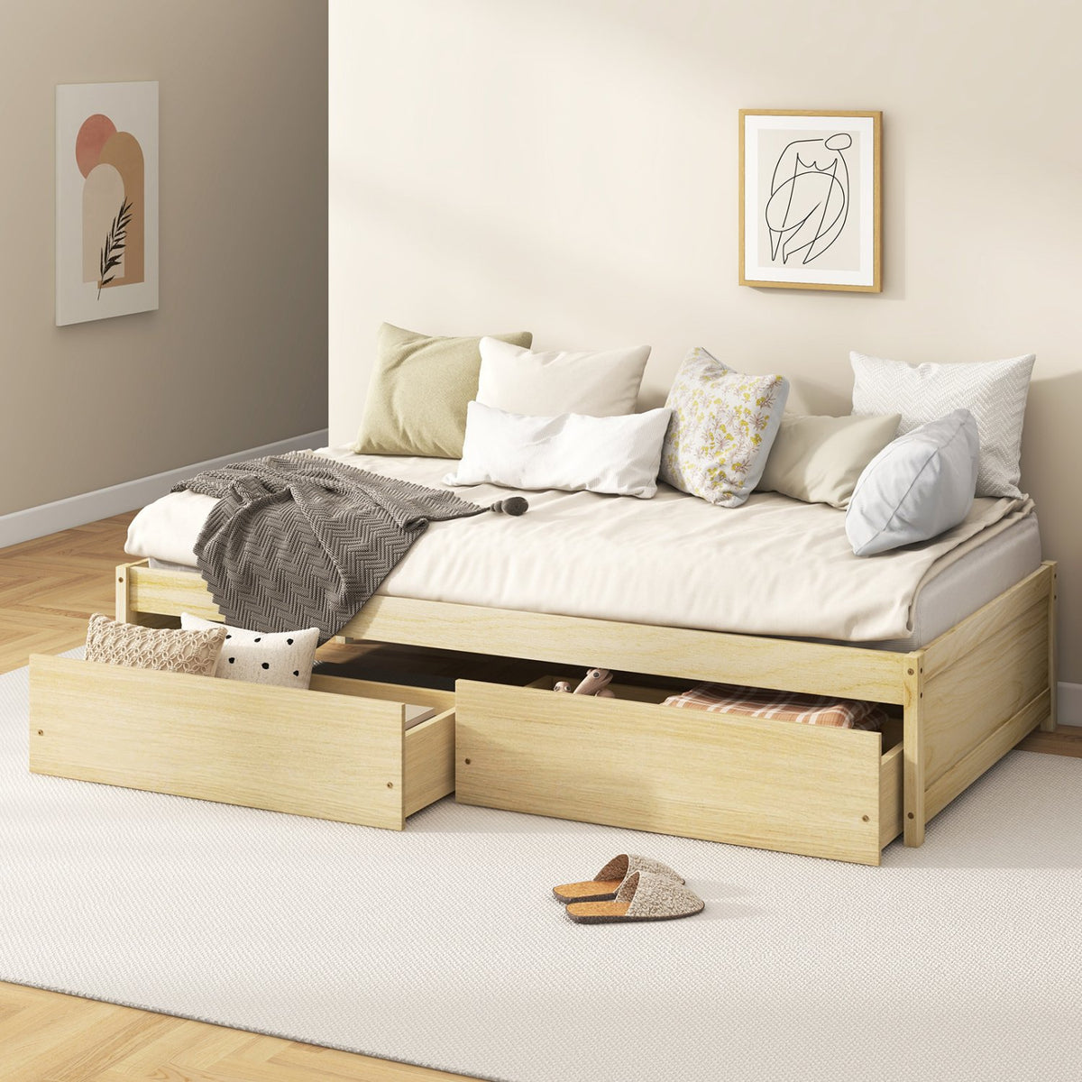 Twin Size Captain Bed with 2 Drawers and Slats Support-Natural view 6