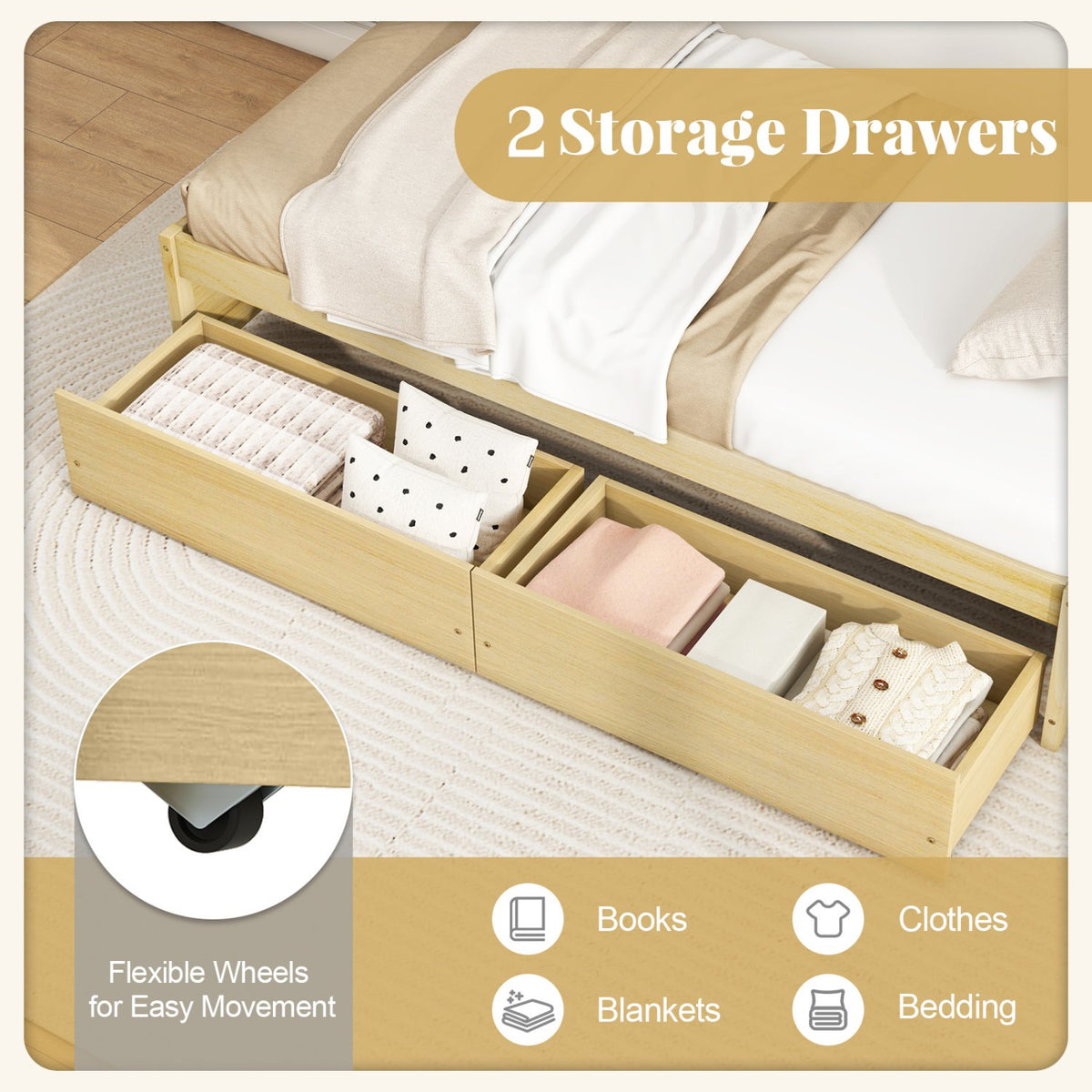 Twin Size Captain Bed with 2 Drawers and Slats Support-Natural view 7