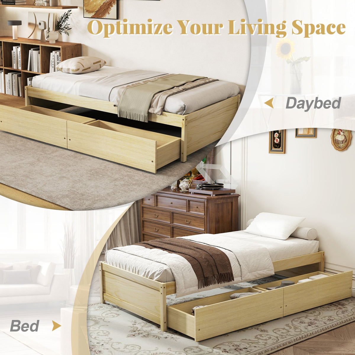 Twin Size Captain Bed with 2 Drawers and Slats Support-Natural view 9
