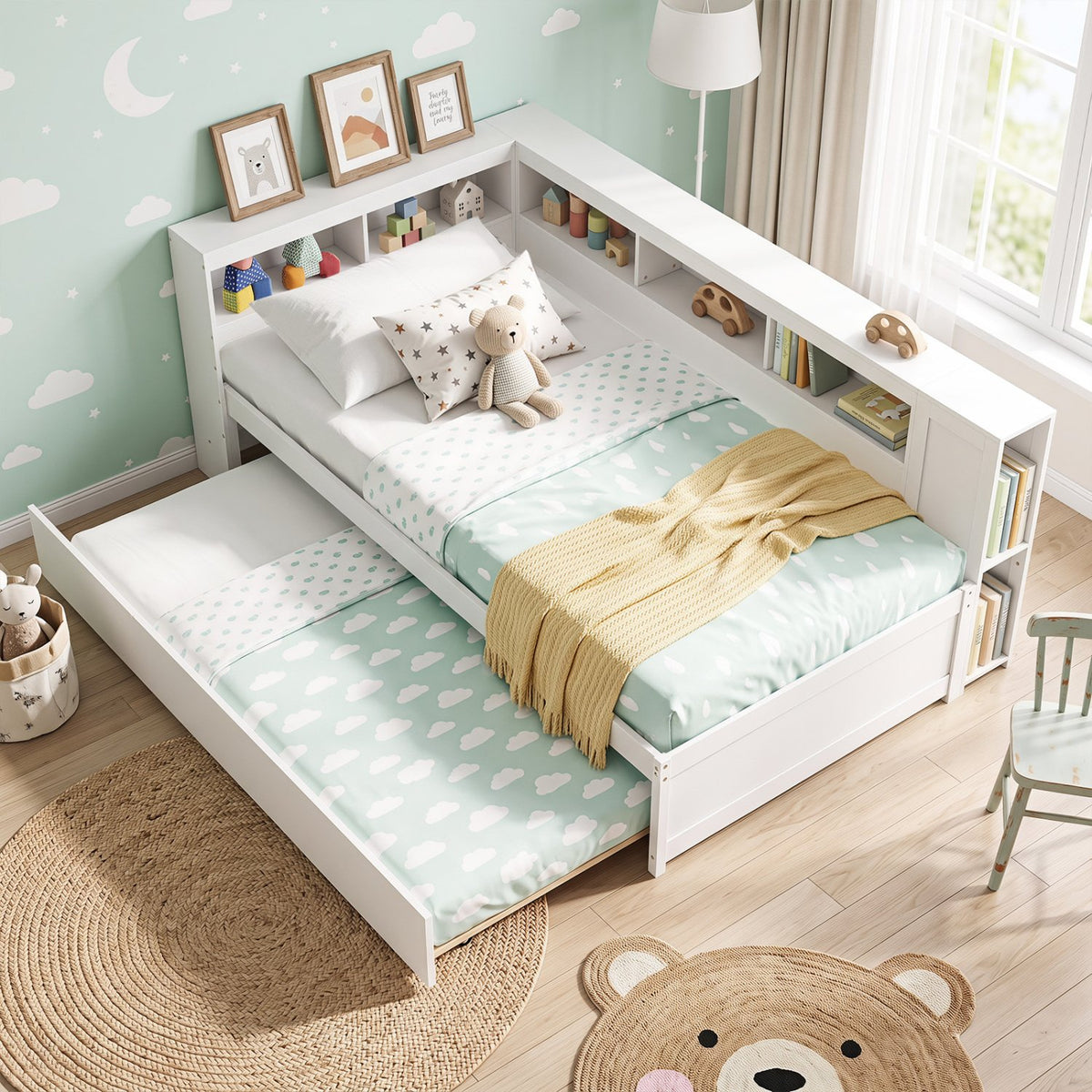 Twin Size Daybed Platform Bed Frame with Trundle and Bedside Shelves-White view 2