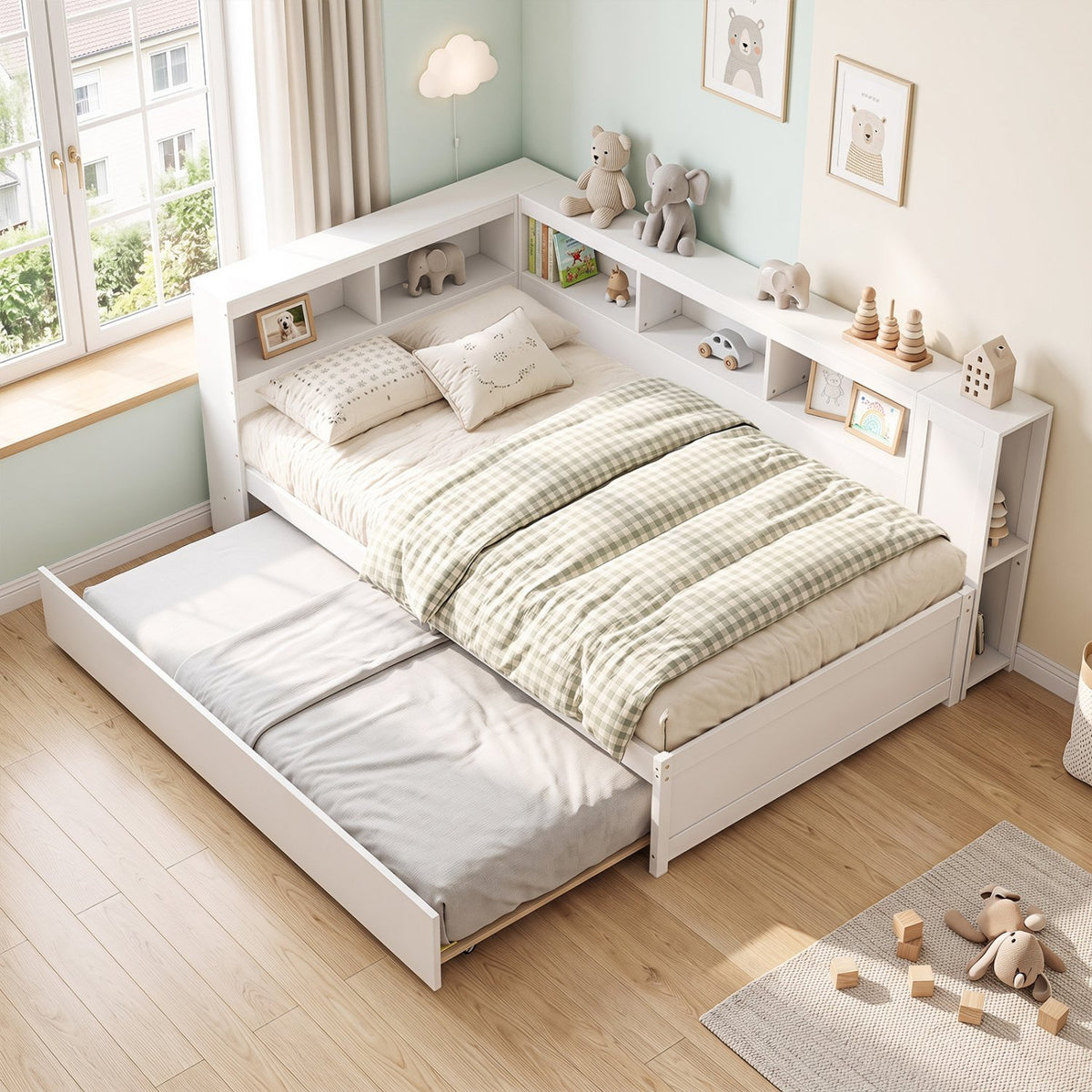 Twin Size Daybed Platform Bed Frame with Trundle and Bedside Shelves-White view 3