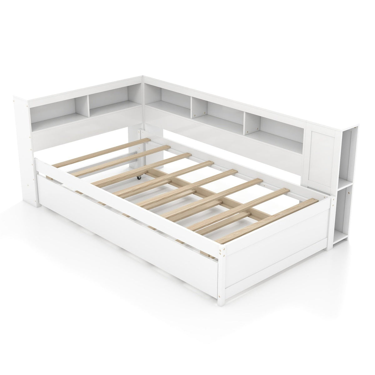 Twin Size Daybed Platform Bed Frame with Trundle and Bedside Shelves-White view 4