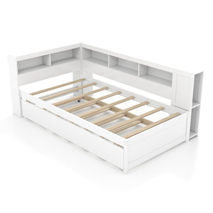 Twin Size Daybed Platform Bed Frame with Trundle and Bedside Shelves-White view 4