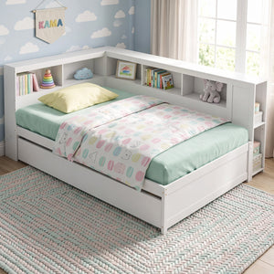 Twin Size Daybed Platform Bed Frame with Trundle and Bedside Shelves-White view 6