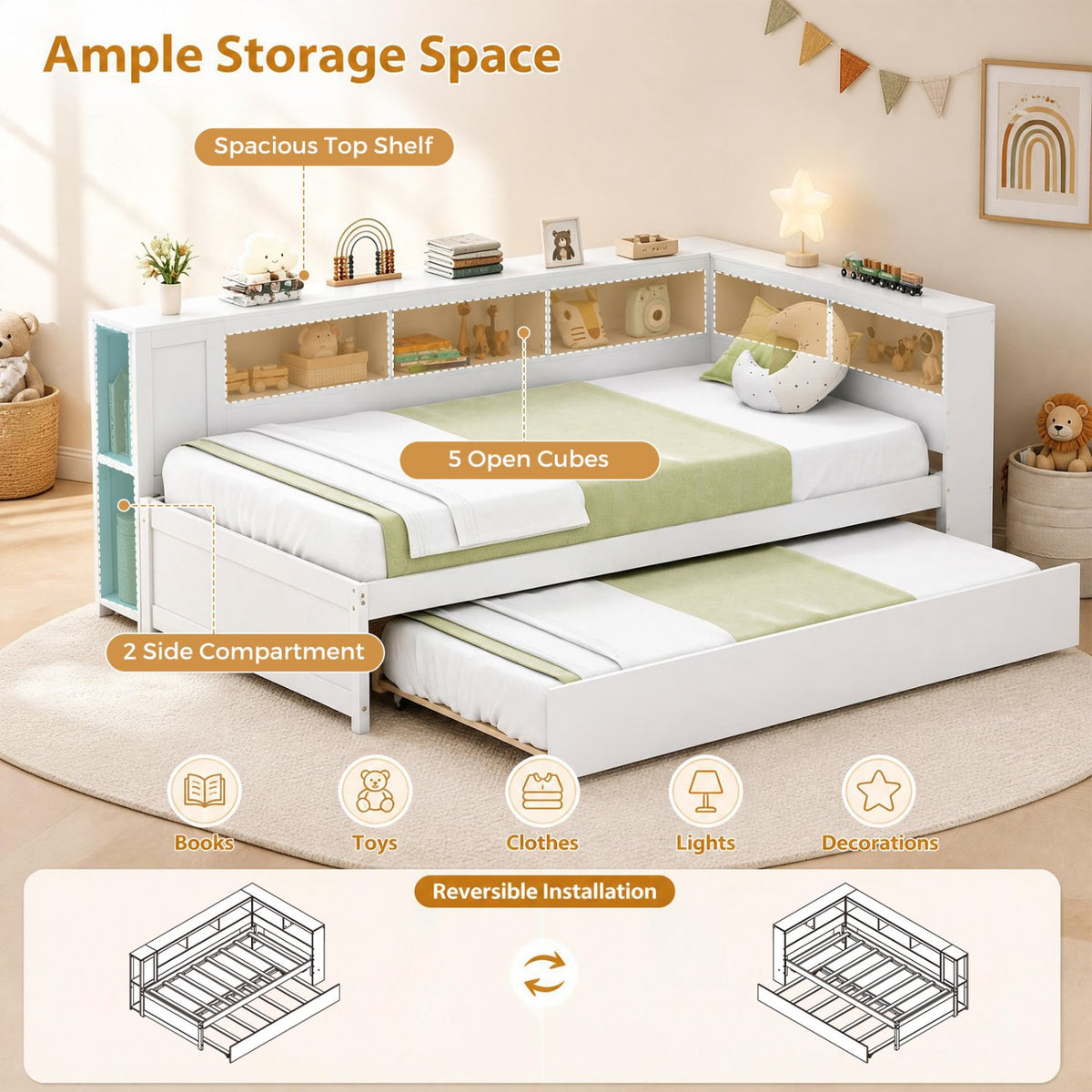 Twin Size Daybed Platform Bed Frame with Trundle and Bedside Shelves-White view 7