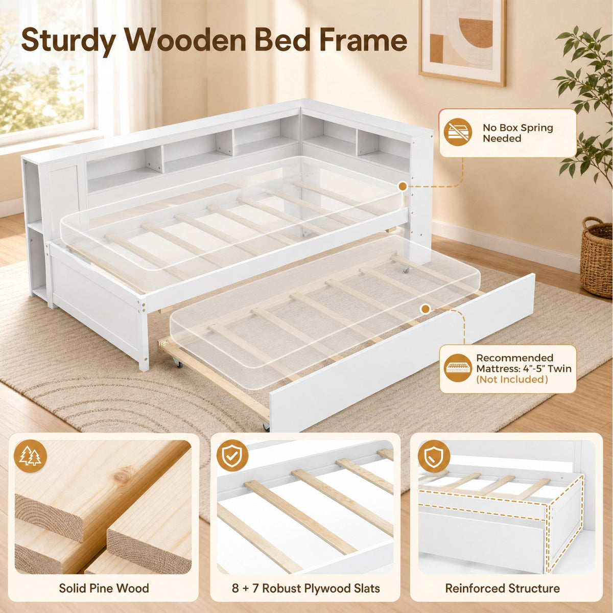 Twin Size Daybed Platform Bed Frame with Trundle and Bedside Shelves-White view 9