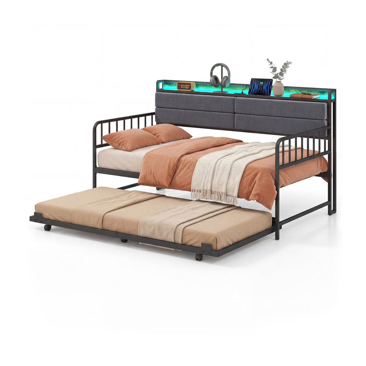 Twin Size Daybed with Trundle and Metal Bed Frame with Headboard-Rustic Brown