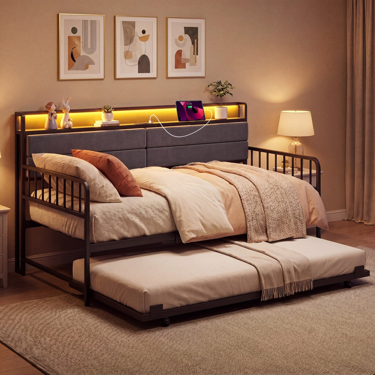 Twin Size Daybed with Trundle and Metal Bed Frame with Headboard-Rustic Brown view 3