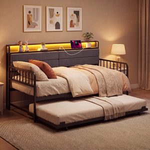 Twin Size Daybed with Trundle and Metal Bed Frame with Headboard-Rustic Brown view 3